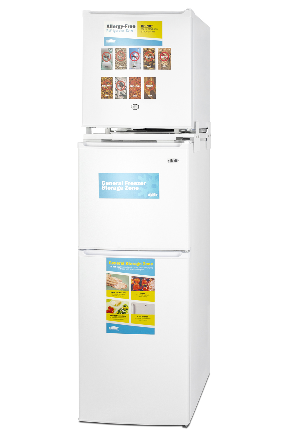 Stacked combination of the FFAR23L automatic defrost all-refrigerator with lock and the ENERGY STAR certified FF71ES refrigerator-freezer to create an allergy-sensitive zone and general purpose food and beverage storage